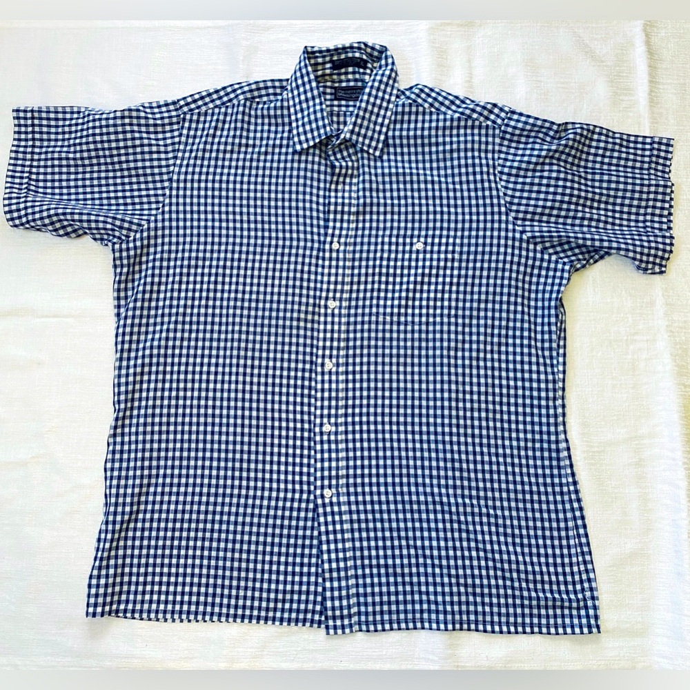 🌷VTG Mens Linen Gingham Plaid Check Short Sleeve Button Shirt Bloomingdales XL